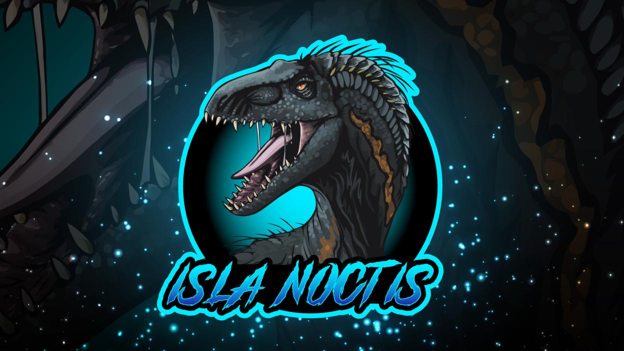 Isla Noctis logo: a snarling raptor in a glowing cyan ring, deep in a dark jungle lit by drifting spores